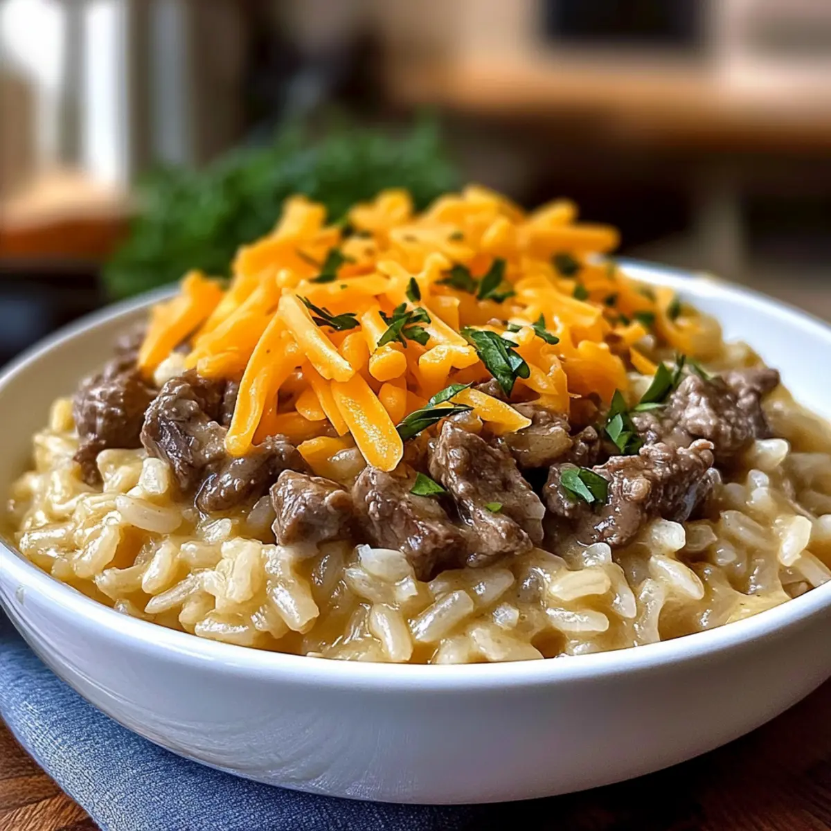 Creamy Garlic Butter Beef and Cheddar Rice