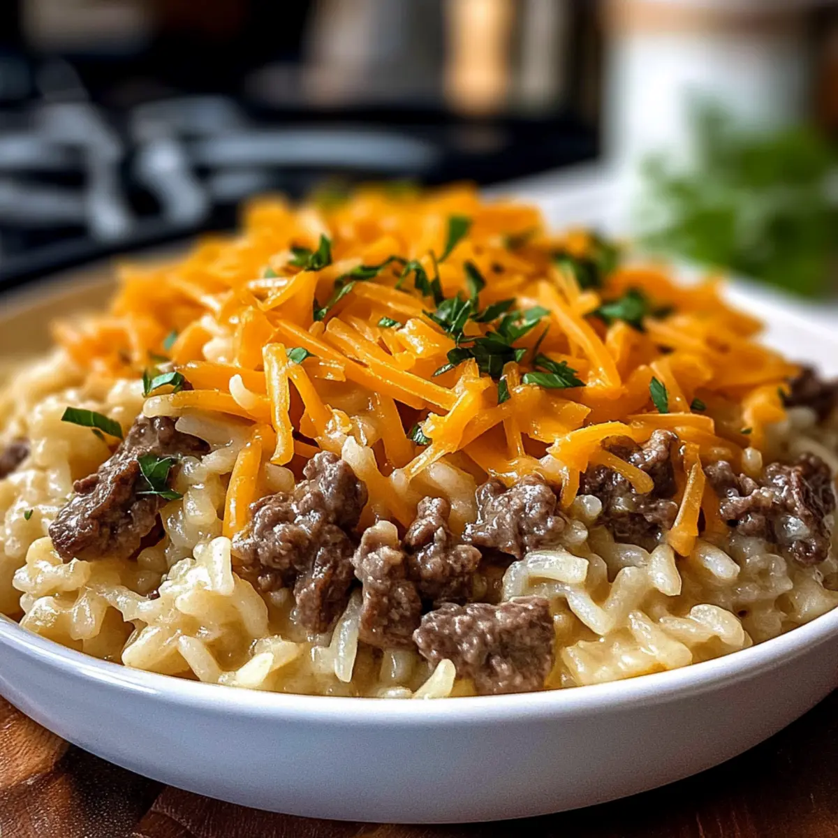 Creamy Garlic Butter Beef and Cheddar Rice