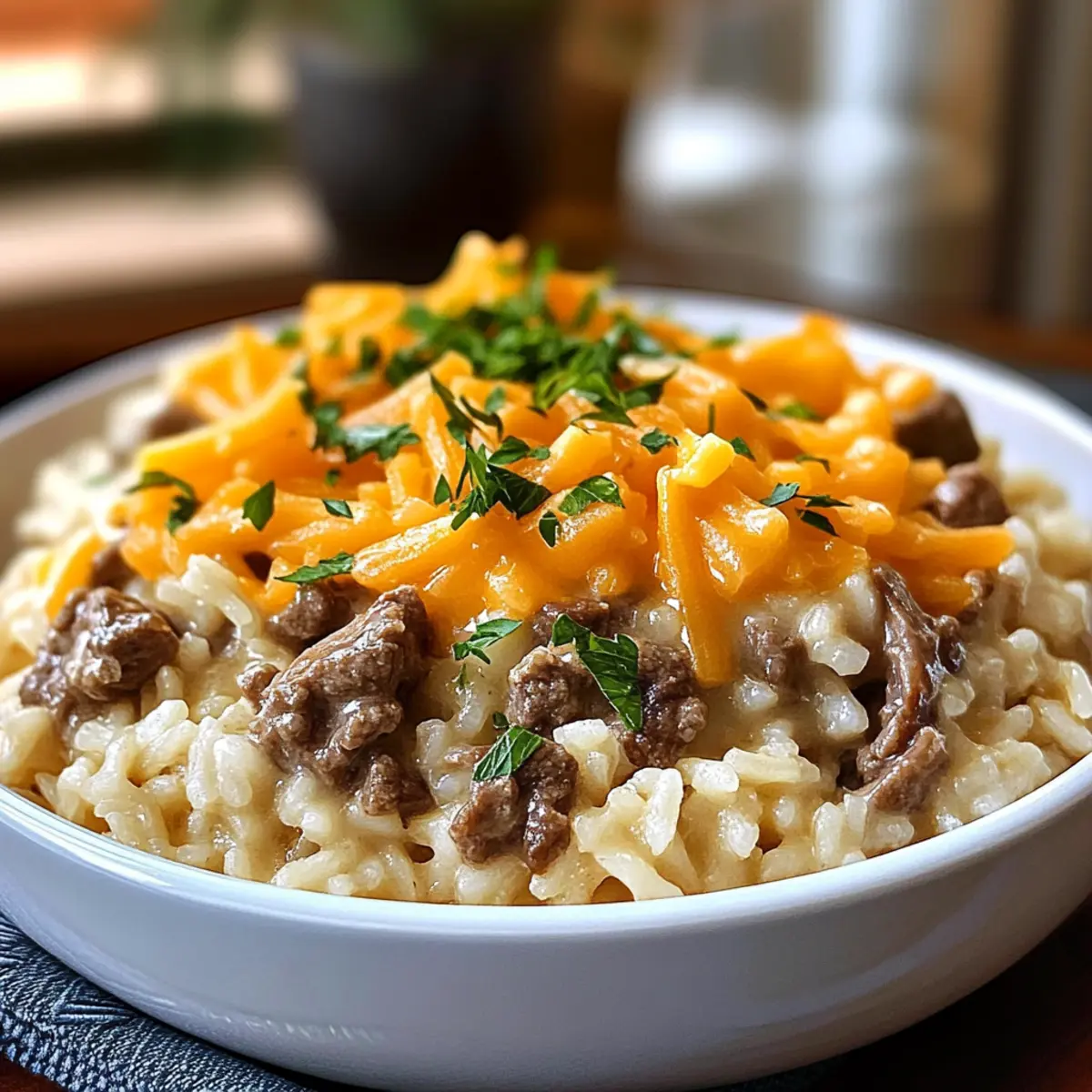 Creamy Garlic Butter Beef and Cheddar Rice