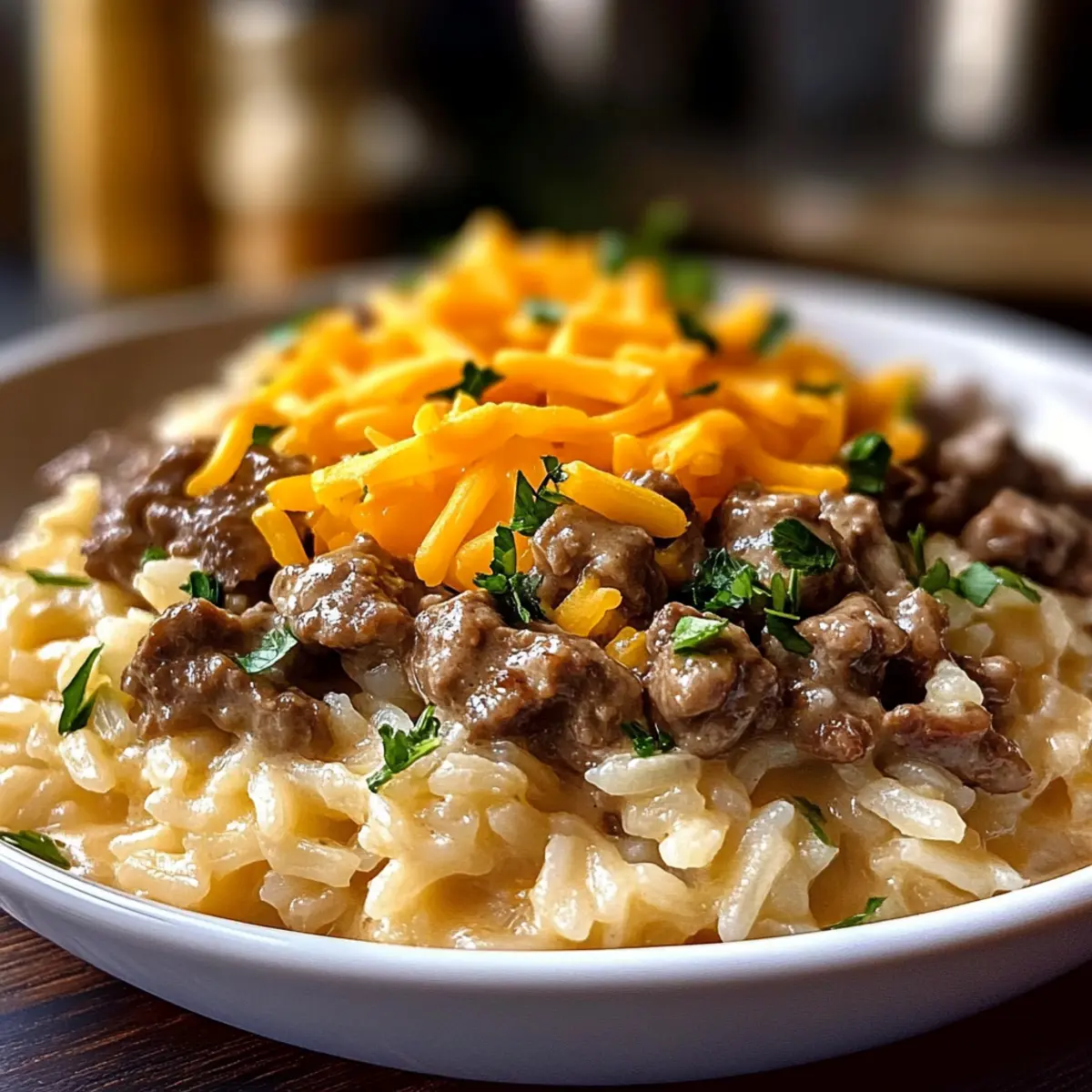 Creamy Garlic Butter Beef and Cheddar Rice