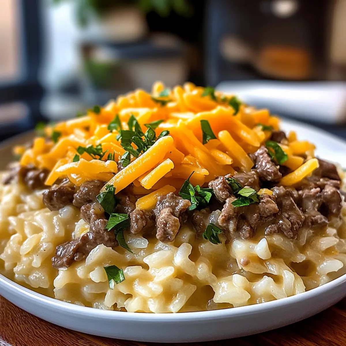 Creamy Garlic Butter Beef and Cheddar Rice